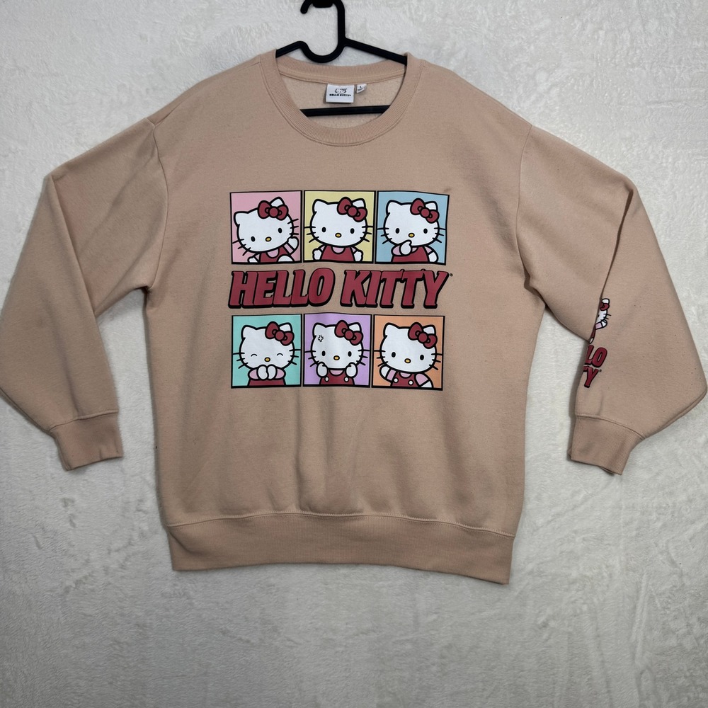 Sanrio Hello Kitty Sweatshirt Womens L Tan Beige Grid Graphic Crewneck Fleece